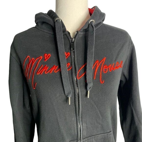 Disney Parks Minnie Mouse Hoodie Sweatshirt L Black Embroidered Full Zip Ears - Picture 3 of 7